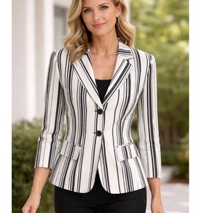 LARRY LEVINE Vintage Cream & Black  Striped Linen Blend Blazer 4